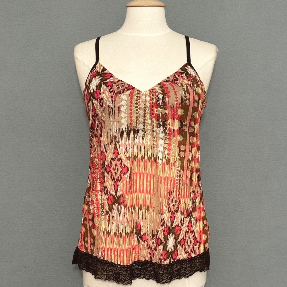 VTG Boho Festival Top L Brown Pink Abstract Lace Trim Camisole Earthy Y2K Indie - Picture 2 of 15